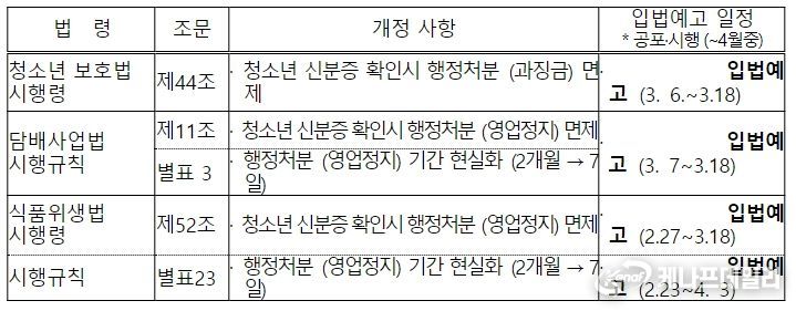 청소년 신분확인 관련 행정처분 법령 개정 현황 및 일정 (일정 변동 가능)