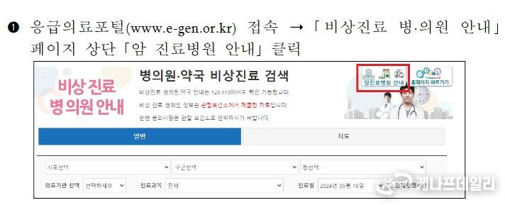 응급의료포털(E-Gen) 암 진료협력병원 정보 확인 방법