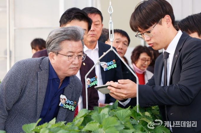 지난 28일 진행된 ‘유성구 스마트팜’ 개장식에서 정용래 유성구청장이 스마트팜 기술 시연을 확인하고 있다